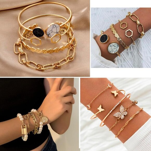 Gold Plated Jewelry Set for Women with Multi Layered Necklaces, Stackable Bracel - Picture 3 of 7